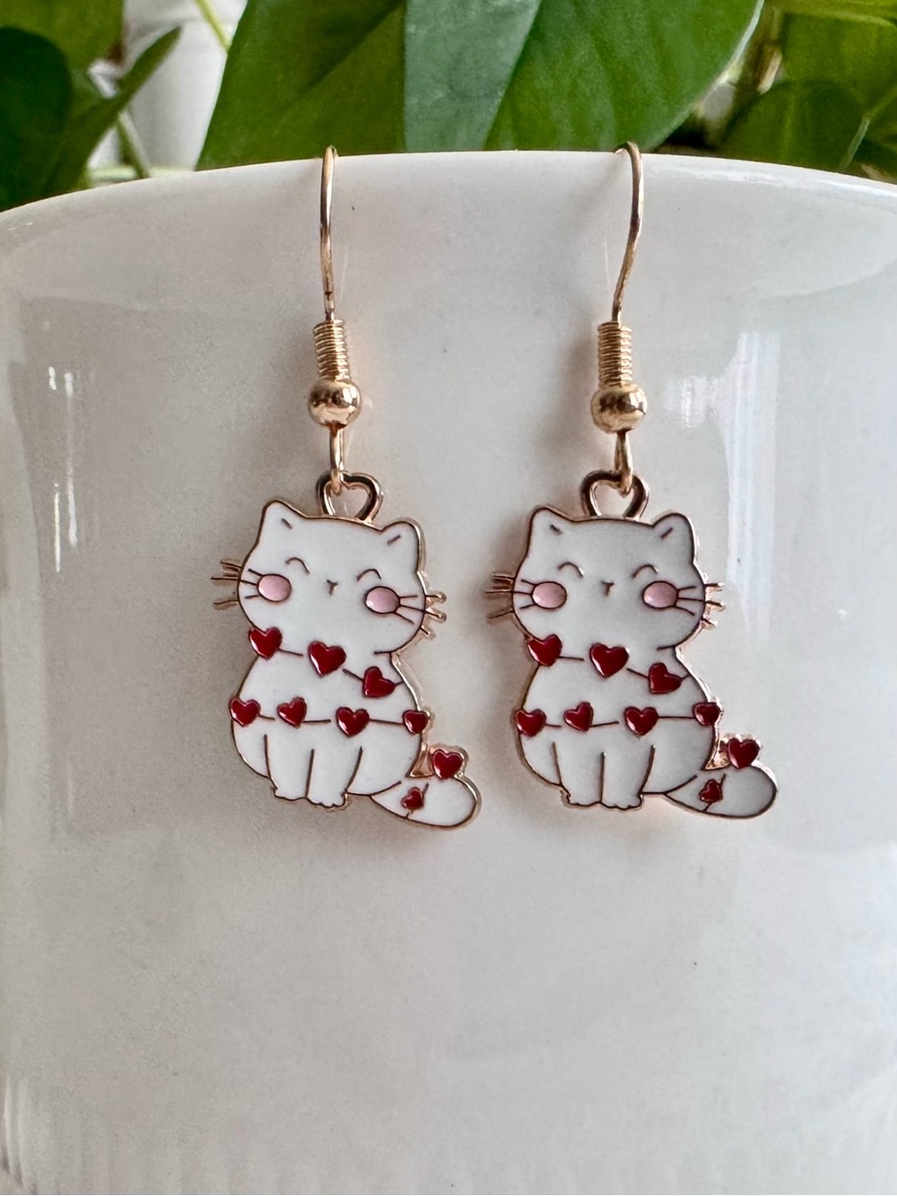 Cats wrapped in hearts Enamel Drop Earrings overall length 1.5”